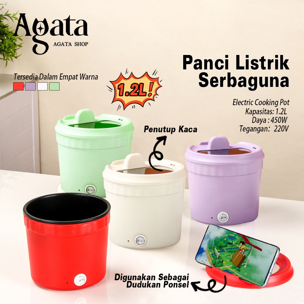 Panci Listrik Portable Serbaguna 1.2L Anti Lengket Mini Rice Cooker Electric Cooking Pot Multifungsi Panci Mie Instan